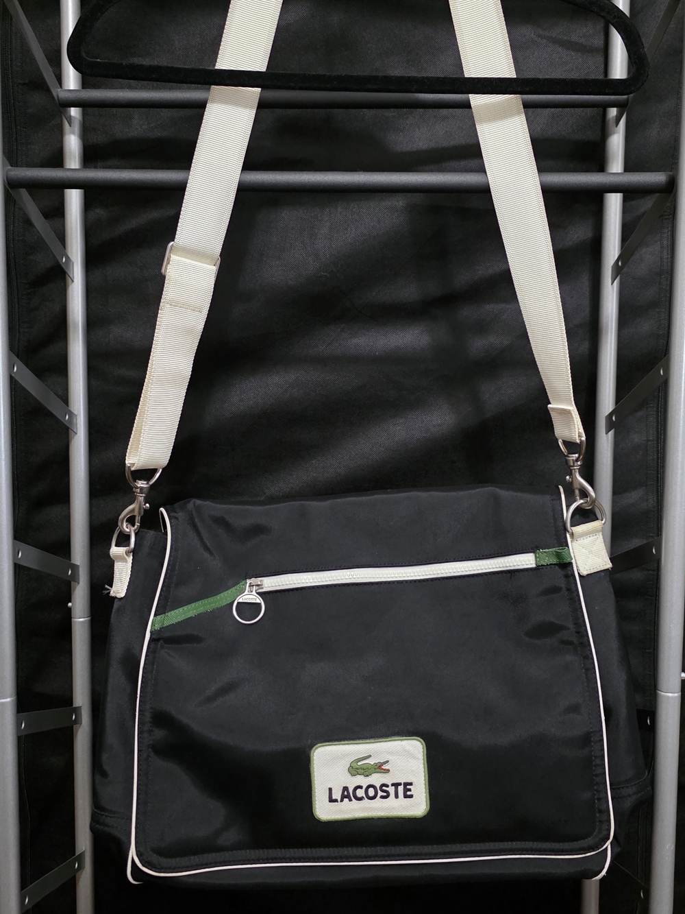 Lacoste Black Messenger Bag with Cream Strap and Green Accent